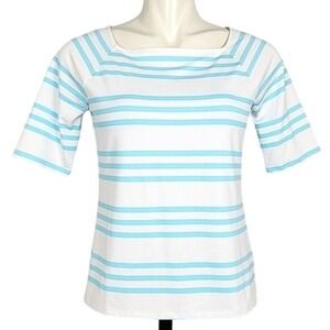 NWT Talbots Petite White Blue Striped Boat Neck Elbow Sleeve Top P/PS